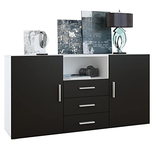 Vladon Sideboard Skadu, Kommode mit 2 Türen, 3 Schubladen und 1 offenem Fach, Weiß matt/Schwarz matt (138,5 x 71,5 x 35 cm) von Vladon