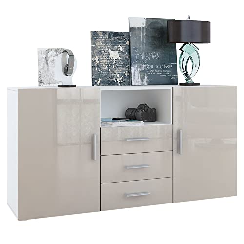 Vladon Sideboard Skadu, Kommode mit 2 Türen, 3 Schubladen und 1 offenem Fach, Weiß matt/Sandgrau Hochglanz (138,5 x 71,5 x 35 cm) von Vladon