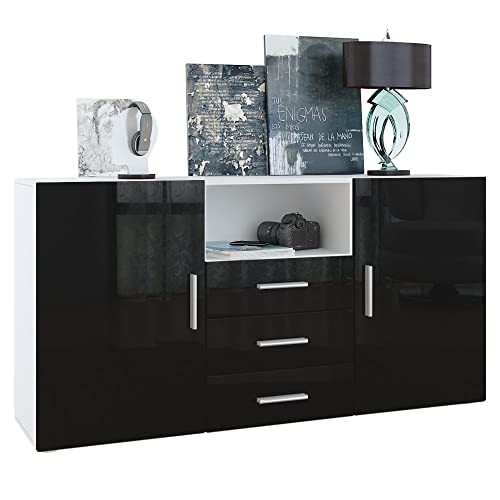 Vladon Sideboard Skadu, Kommode mit 2 Türen, 3 Schubladen und 1 offenem Fach, Weiß matt/Schwarz Hochglanz (138,5 x 71,5 x 35 cm) von Vladon
