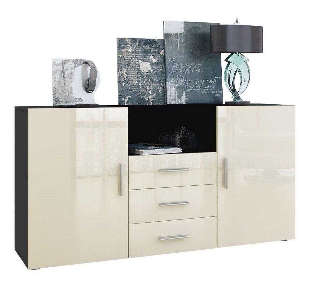 Vladon Sideboard Skadu (Kommode, mit 2 Türen, 3 Schubladen und 1 offenem Fach), Schwarz matt/Creme Hochglanz (138,5 x 71,5 x 35 cm) von Vladon