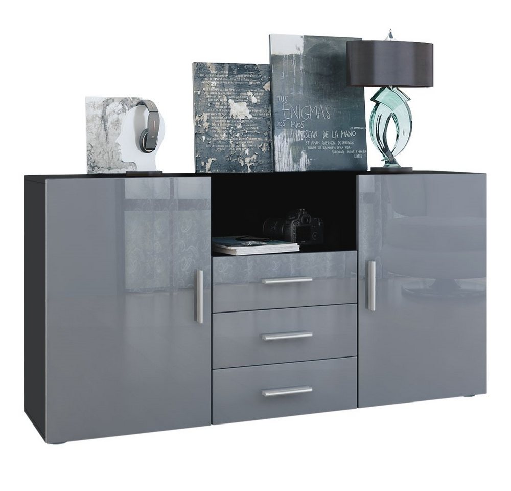 Vladon Sideboard Skadu (Kommode, mit 2 Türen, 3 Schubladen und 1 offenem Fach), Schwarz matt/Grau Hochglanz (138,5 x 71,5 x 35 cm) von Vladon