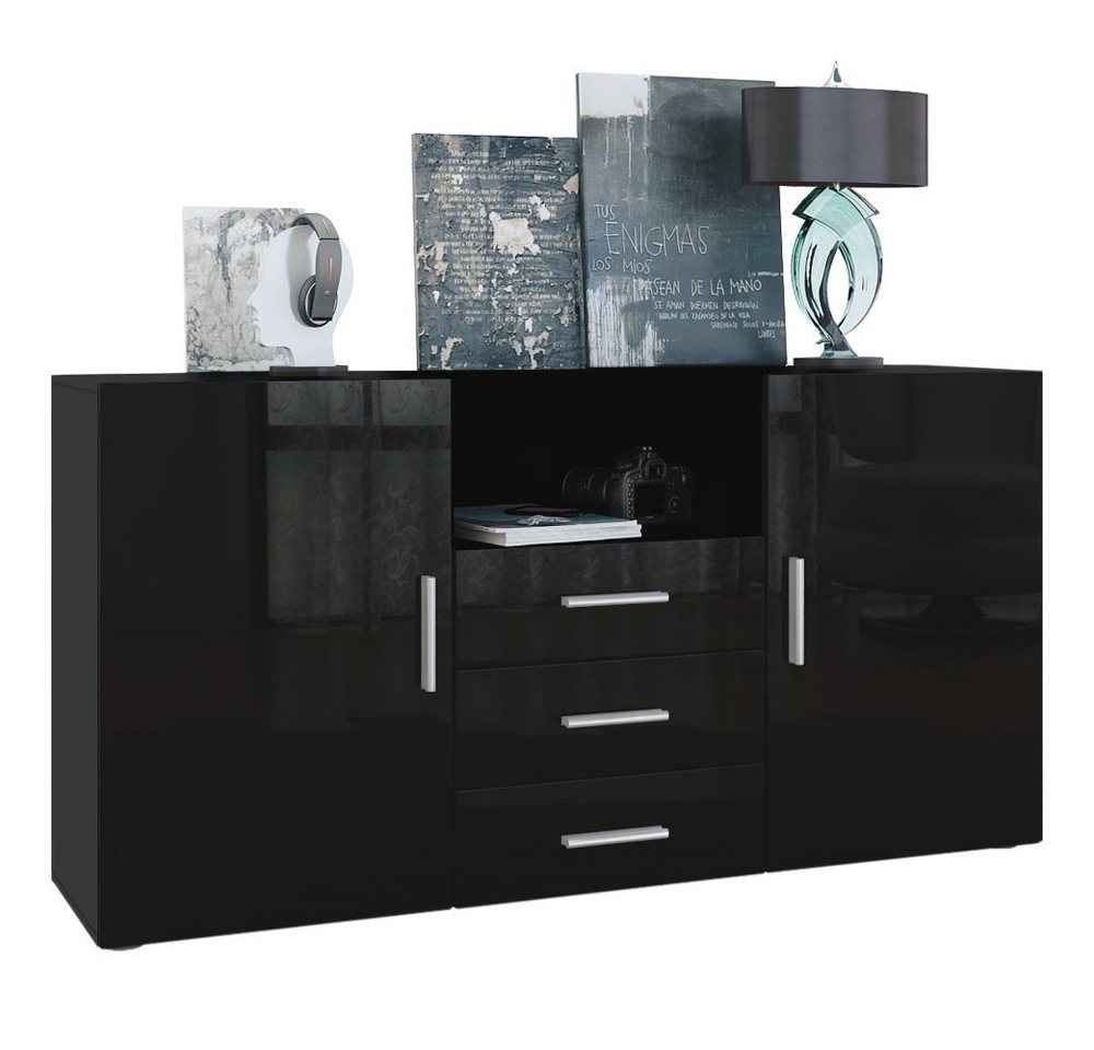 Vladon Sideboard Skadu (Kommode, mit 2 Türen, 3 Schubladen und 1 offenem Fach), Schwarz matt/Schwarz Hochglanz (138,5 x 71,5 x 35 cm) von Vladon