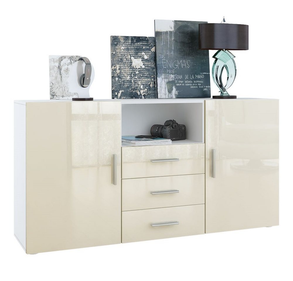 Vladon Sideboard Skadu (Kommode, mit 2 Türen, 3 Schubladen und 1 offenem Fach), Weiß matt/Creme Hochglanz (138,5 x 71,5 x 35 cm) von Vladon