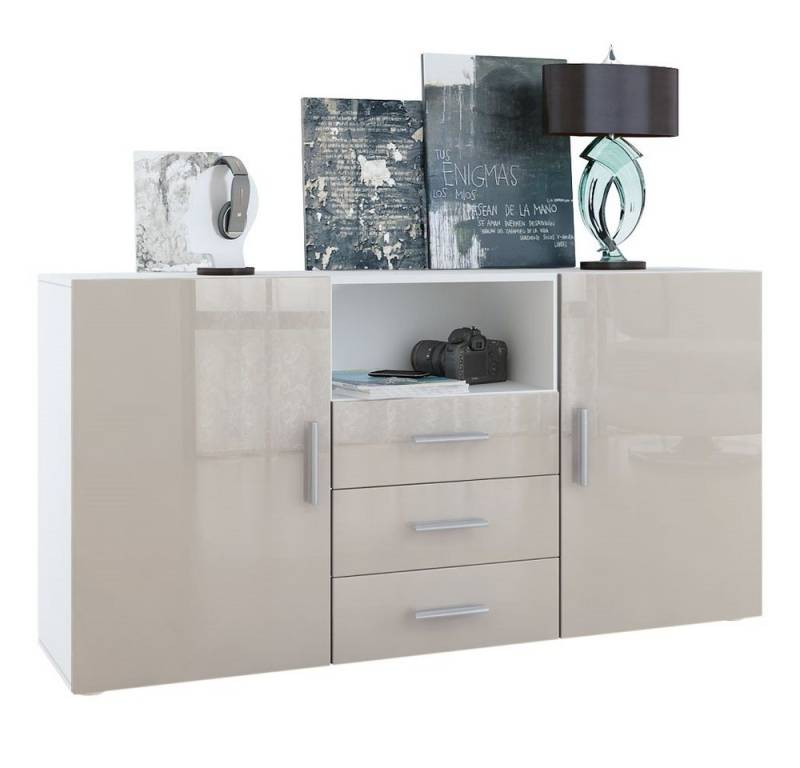 Vladon Sideboard Skadu (Kommode, mit 2 Türen, 3 Schubladen und 1 offenem Fach), Weiß matt/Sandgrau Hochglanz (138,5 x 71,5 x 35 cm) von Vladon