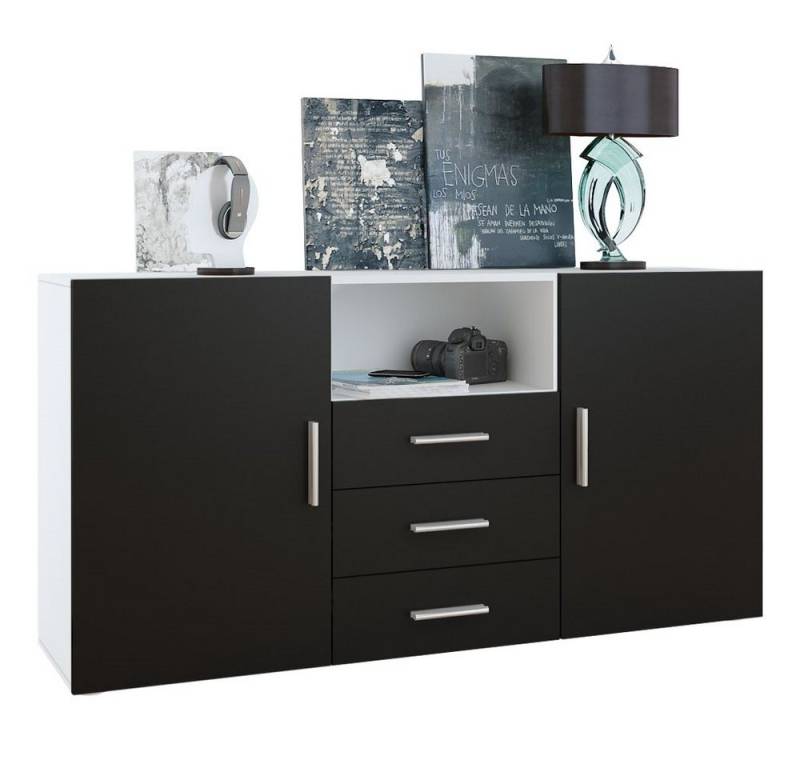 Vladon Sideboard Skadu (Kommode, mit 2 Türen, 3 Schubladen und 1 offenem Fach), Weiß matt/Schwarz matt (138,5 x 71,5 x 35 cm) von Vladon