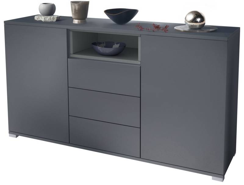 Vladon Sideboard Skadu V2 (Kommode, mit 2 Türen, 3 Schubladen und 1 offenem Fach), Anthrazit matt/Graphit Seidenmatt (138,5 x 75,5 x 35 cm) von Vladon