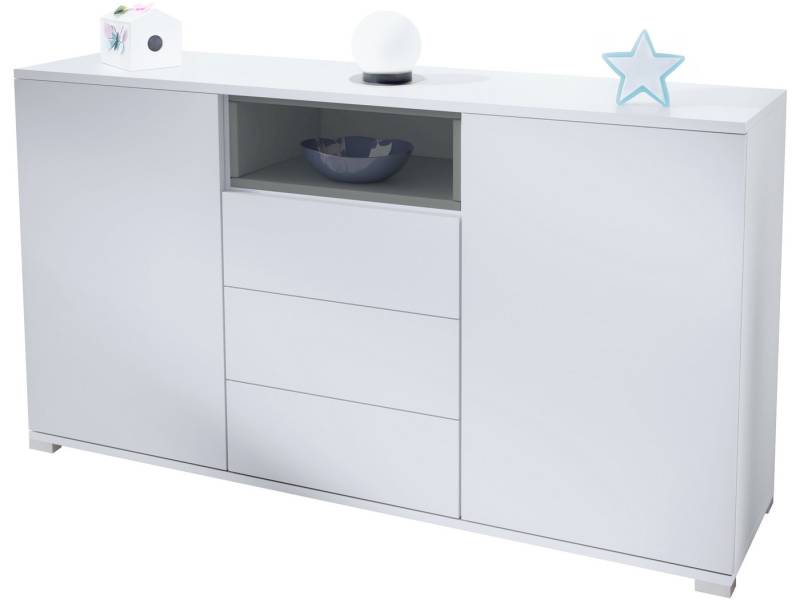 Vladon Sideboard Skadu V2 (Kommode, mit 2 Türen, 3 Schubladen und 1 offenem Fach), Weiß matt/Graphit Seidenmatt (138,5 x 75,5 x 35 cm) von Vladon