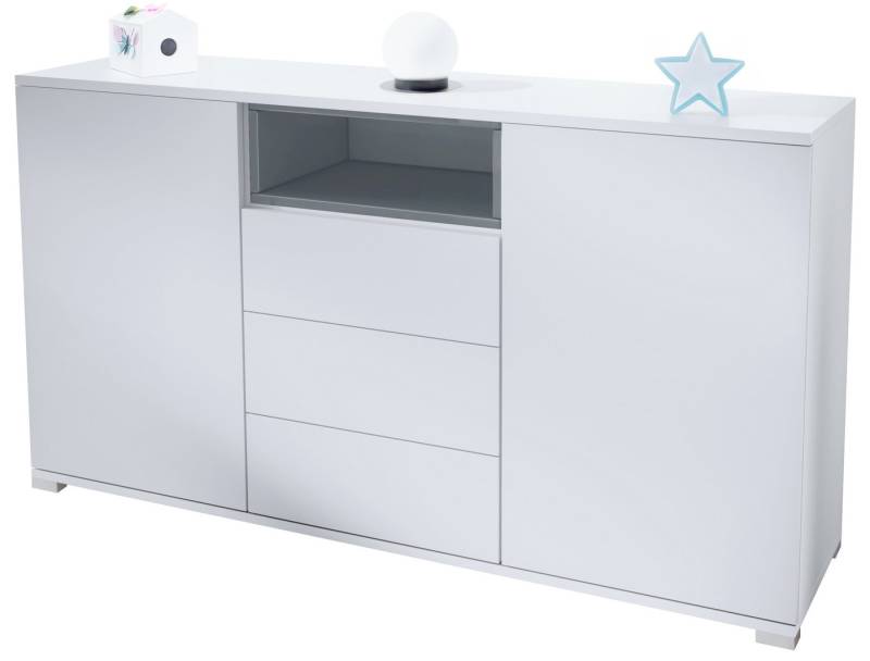 Vladon Sideboard Skadu V2 (Kommode, mit 2 Türen, 3 Schubladen und 1 offenem Fach), Weiß matt/Grau Hochglanz (138,5 x 75,5 x 35 cm) von Vladon