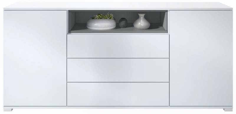 Vladon Sideboard Skadu V4 (Kommode, mit 2 Türen, 3 Schubladen und 1 offenem Fach), Weiß matt/Graphit Seidenmatt (166,5 x 75,5 x 35 cm) von Vladon