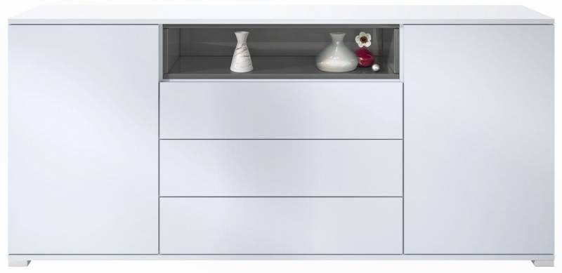 Vladon Sideboard Skadu V4 (Kommode, mit 2 Türen, 3 Schubladen und 1 offenem Fach), Weiß matt/Grau Hochglanz (166,5 x 75,5 x 35 cm) von Vladon