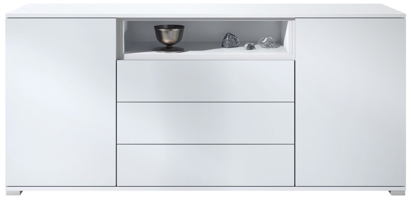 Vladon Sideboard Skadu V4 (Kommode, mit 2 Türen, 3 Schubladen und 1 offenem Fach), Weiß matt/Weiß matt (166,5 x 75,5 x 35 cm) von Vladon