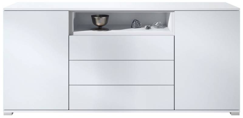 Vladon Sideboard Skadu V4 (Kommode, mit 2 Türen, 3 Schubladen und 1 offenem Fach), Weiß matt/Weiß matt (166,5 x 75,5 x 35 cm) von Vladon
