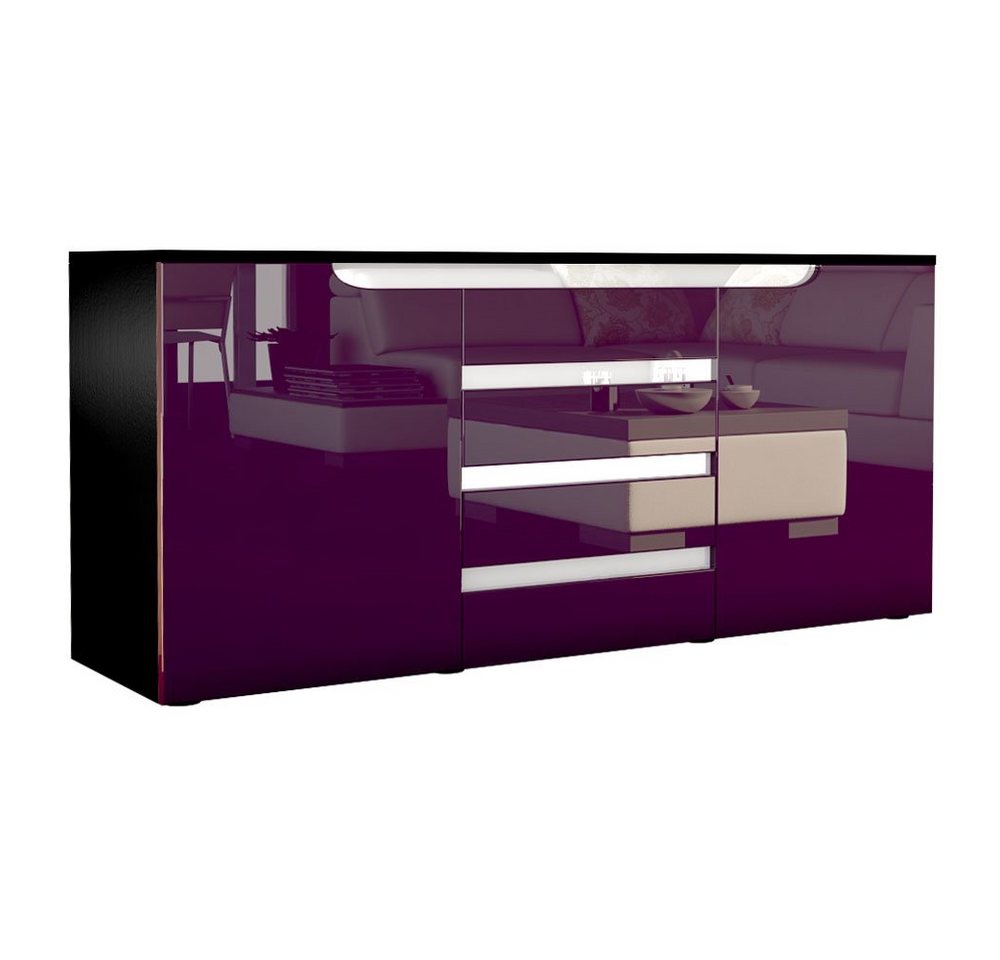 Vladon Sideboard Sylt (Kommode, mit 2 Türen und 4 Schubladen), Schwarz matt/Brombeer Hochglanz/Weiß Hochglanz (139 x 72 x 35) von Vladon