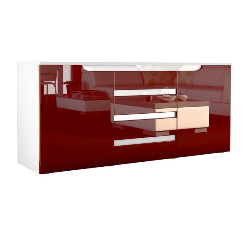 Vladon Sideboard Sylt V1 (Kommode, mit 2 Türen und 4 Schubladen), Weiß matt/Bordeaux Hochglanz/Weiß Hochglanz (139 x 72 x 35) von Vladon