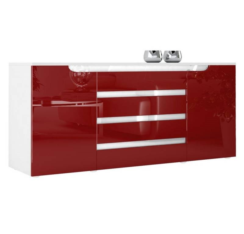 Vladon Sideboard Sylt V2 (Kommode, mit 2 Türen und 4 Schubladen), Weiß matt/Bordeaux Hochglanz/Weiß Hochglanz (166 x 72 x 35) von Vladon
