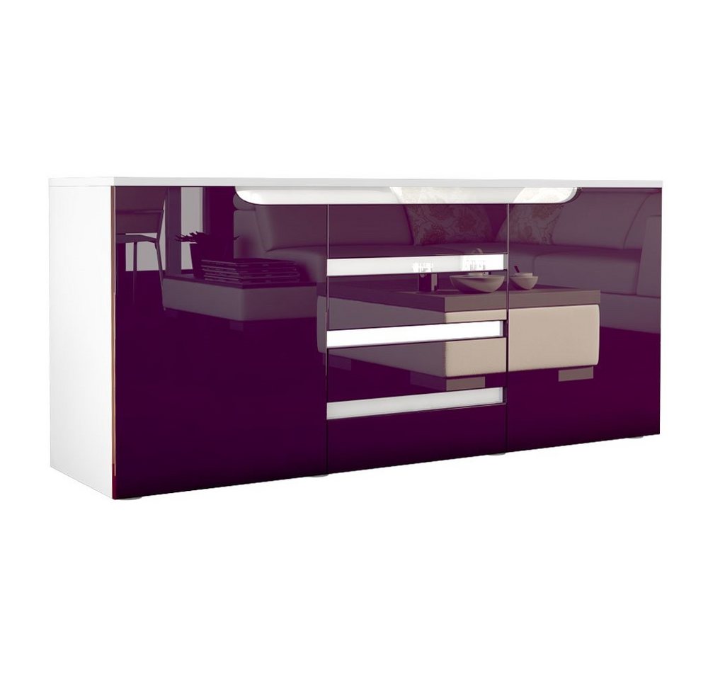 Vladon Sideboard Sylt (Kommode, mit 2 Türen und 4 Schubladen), Weiß matt/Brombeer Hochglanz/Weiß Hochglanz (139 x 72 x 35) von Vladon