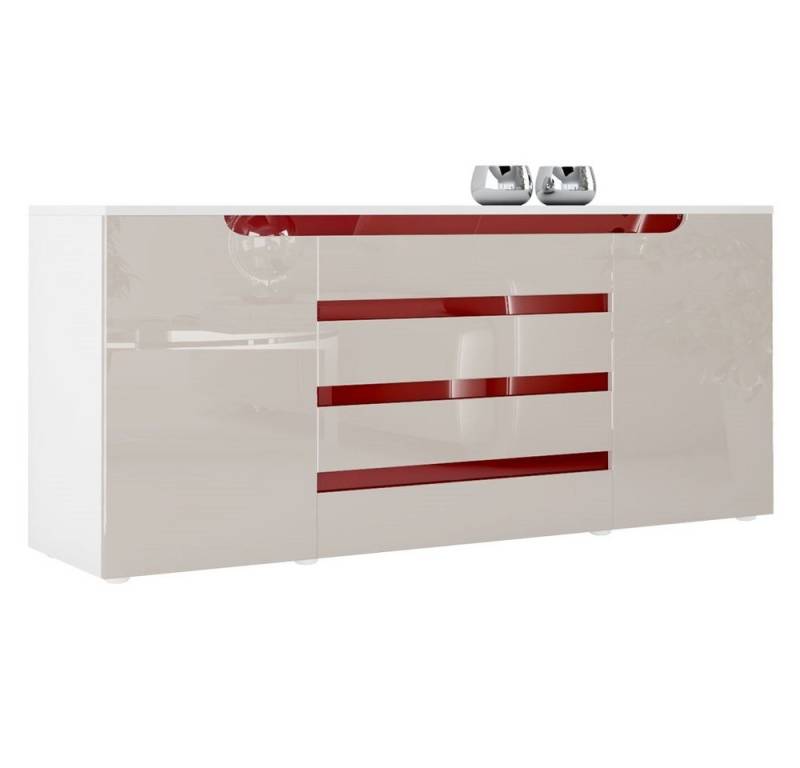 Vladon Sideboard Sylt V2 (Kommode, mit 2 Türen und 4 Schubladen), Weiß matt/Sandgrau Hochglanz/Bordeaux Hochglanz (166 x 72 x 35) von Vladon