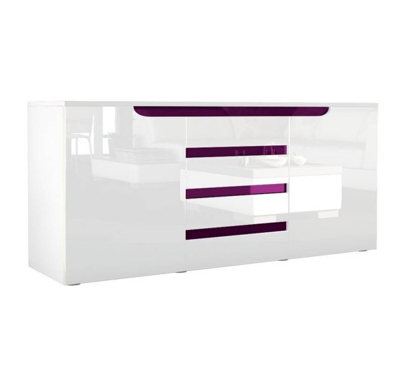 Vladon Sideboard Sylt V1 (Kommode, mit 2 Türen und 4 Schubladen), Weiß matt/Weiß Hochglanz/Brombeer Hochglanz (139 x 72 x 35) von Vladon
