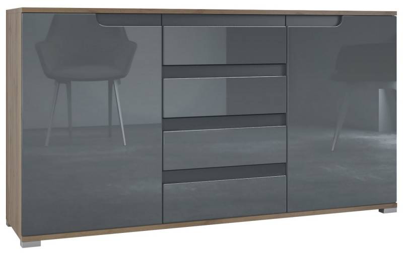 Vladon Sideboard Sylt V1 (Kommode mit 2 Türen und 4 Schubladen, Korpus - Eiche Evoke / Front - Grau Hochglanz), Absetzung - Anthrazit matt (138,5 x 75,5 x 35 cm) von Vladon