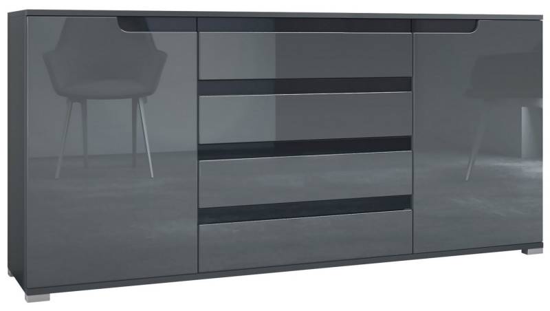 Vladon Sideboard Sylt V2 (Kommode mit 2 Türen und 4 Schubladen, Korpus - Anthrazit matt / Front - Grau Hochglanz), Absetzung - Schwarz Hochglanz (166,5 x 75,5 x 35 cm) von Vladon