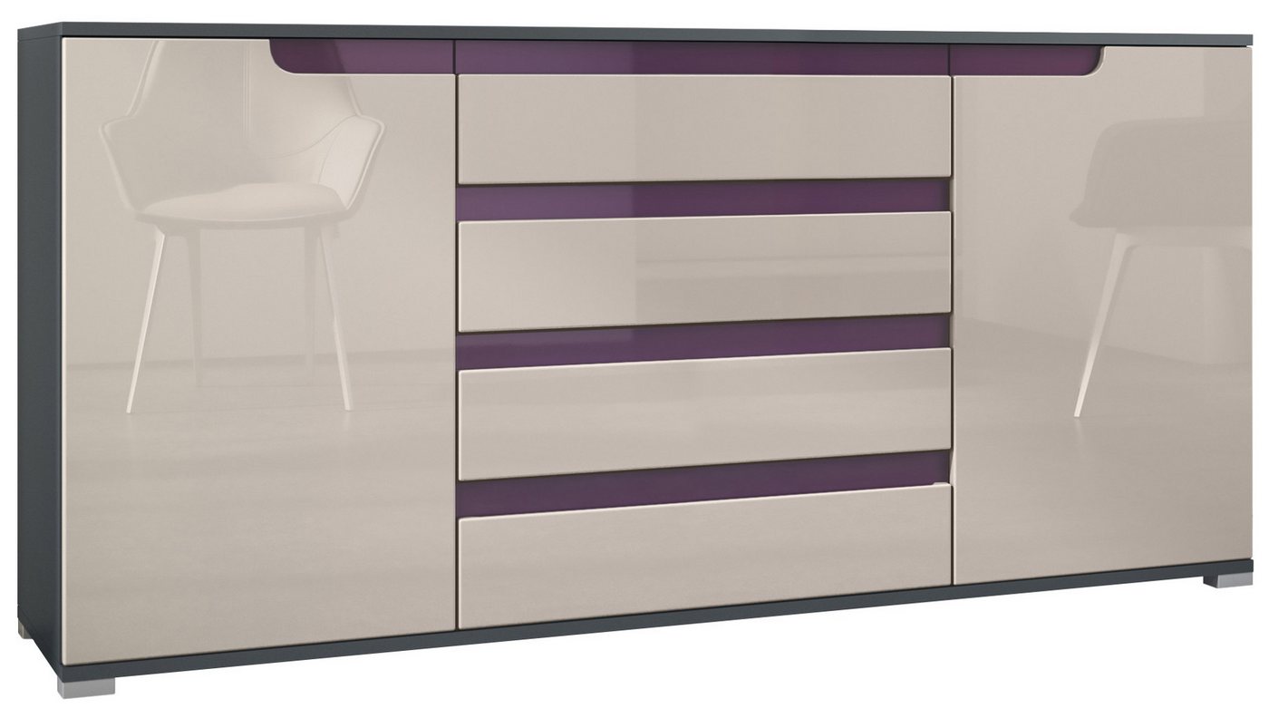 Vladon Sideboard Sylt V2 (Kommode mit 2 Türen und 4 Schubladen, Korpus - Anthrazit matt / Front - Sandgrau Hochglanz), Absetzung - Brombeer Hochglanz (166,5 x 75,5 x 35 cm) von Vladon
