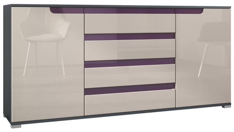Vladon Sideboard Sylt V2 (Kommode mit 2 Türen und 4 Schubladen, Korpus - Anthrazit matt / Front - Sandgrau Hochglanz), Absetzung - Brombeer Hochglanz (166,5 x 75,5 x 35 cm) von Vladon