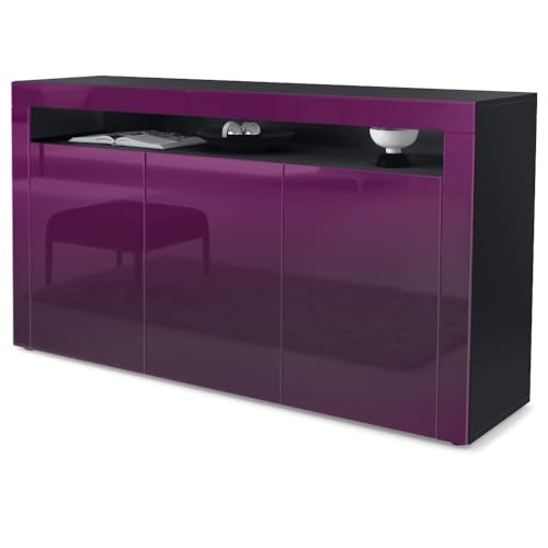 Vladon Sideboard Valencia, Made in Germany, Kommode mit 3 Türen und 1 offenem Fach, Schwarz matt/Brombeer Hochglanz/Brombeer Hochglanz (155 x 92 x 40 cm) von Vladon