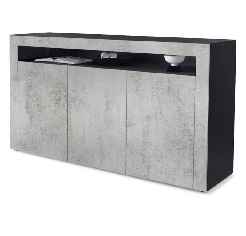 Vladon Sideboard Valencia (Sideboard, mit 3 Türen und 1 offenem Fach), Schwarz matt/Beton Oxid Optik/Beton Oxid Optik (155 x 92 x 40 cm) von Vladon