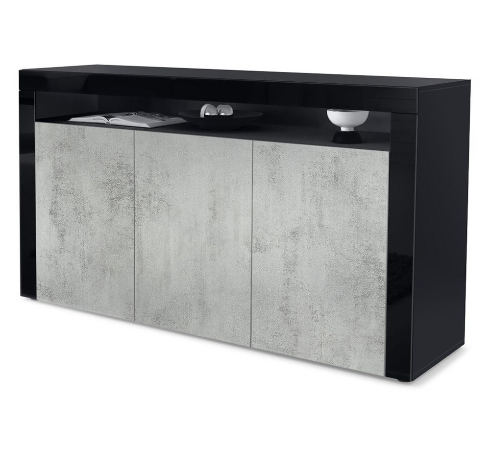 Vladon Sideboard Valencia (Sideboard, mit 3 Türen und 1 offenem Fach), Schwarz matt/Beton Oxid Optik/Schwarz Hochglanz (155 x 92 x 40 cm) von Vladon
