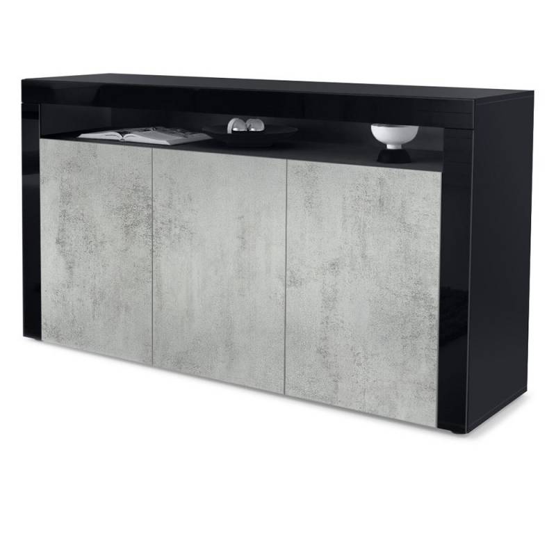 Vladon Sideboard Valencia (Sideboard, mit 3 Türen und 1 offenem Fach), Schwarz matt/Beton Oxid Optik/Schwarz Hochglanz (155 x 92 x 40 cm) von Vladon