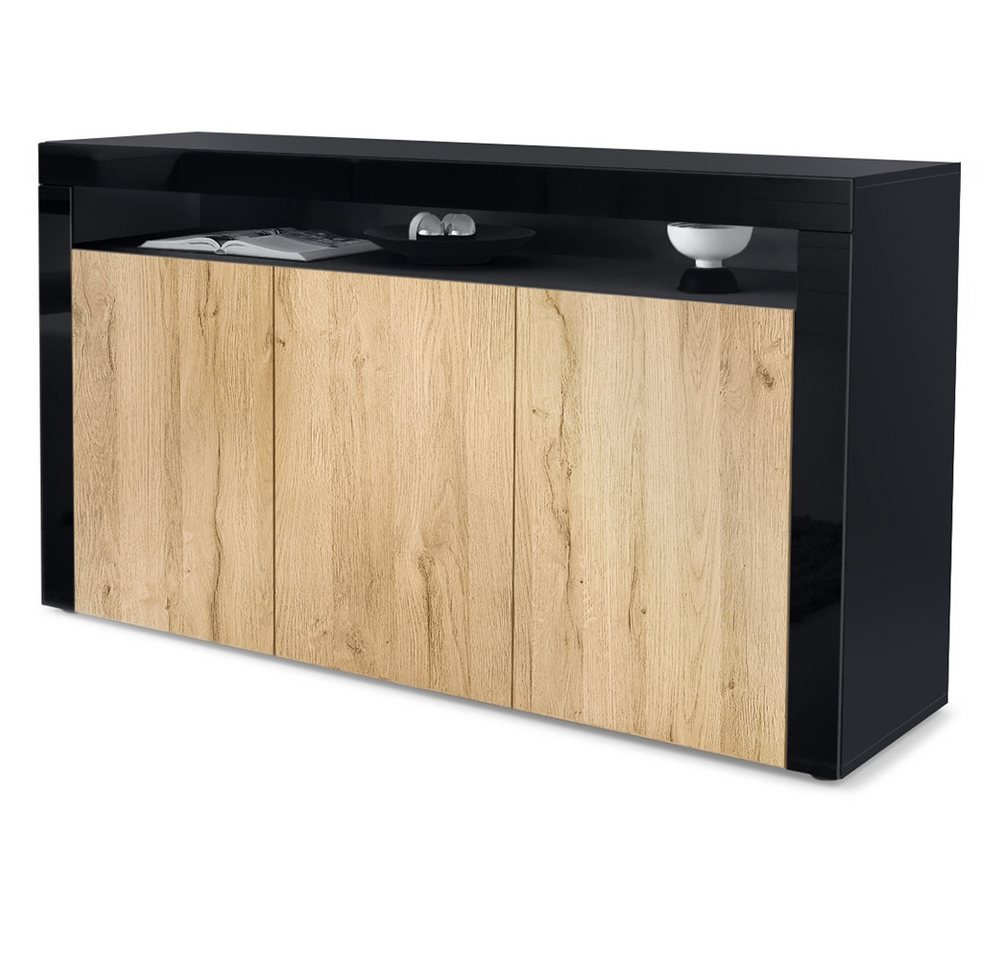 Vladon Sideboard Valencia (Sideboard, mit 3 Türen und 1 offenem Fach), Schwarz matt/Eiche Natur/Schwarz Hochglanz (155 x 92 x 40 cm) von Vladon