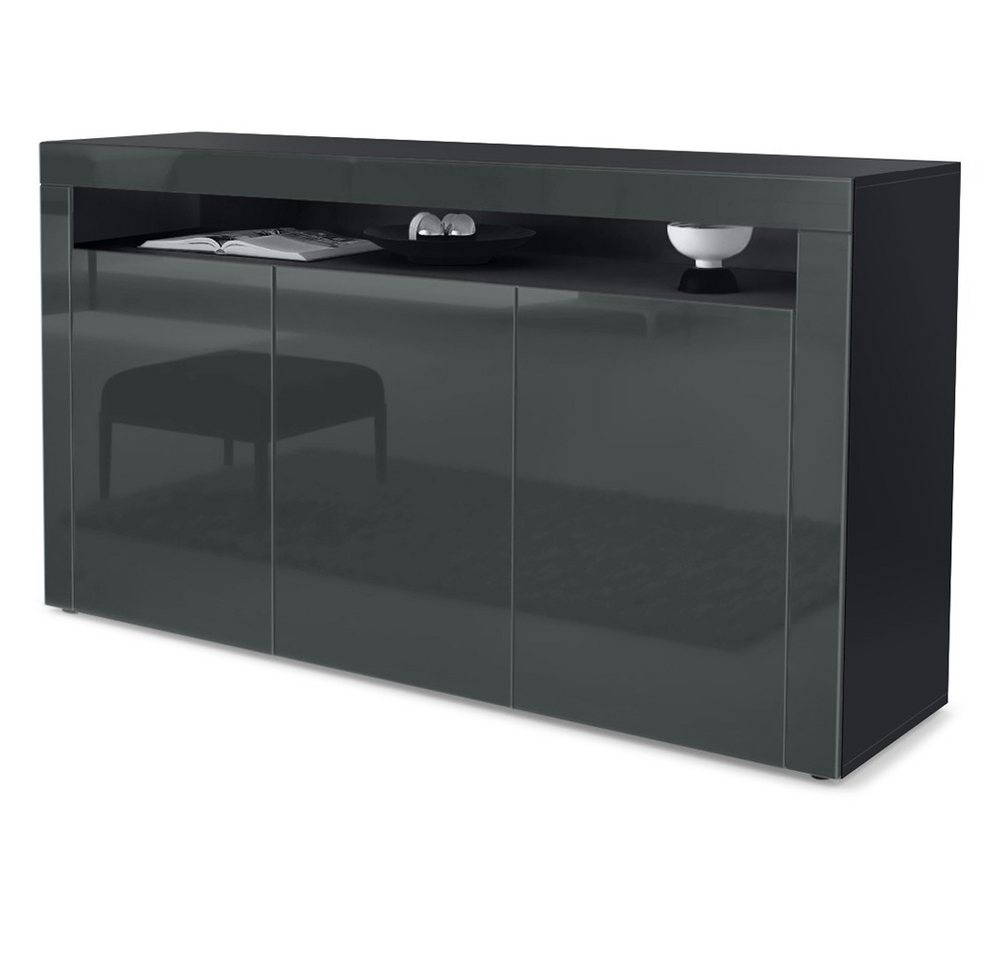 Vladon Sideboard Valencia (Sideboard, mit 3 Türen und 1 offenem Fach), Schwarz matt/Grau Hochglanz/Grau Hochglanz (155 x 92 x 40 cm) von Vladon