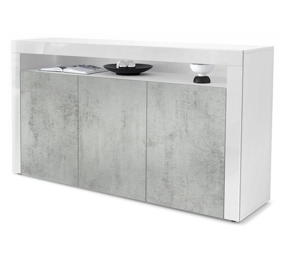 Vladon Sideboard Valencia (Sideboard, mit 3 Türen und 1 offenem Fach), Weiß matt/Beton Oxid Optik/Weiß Hochglanz (155 x 92 x 40 cm) von Vladon