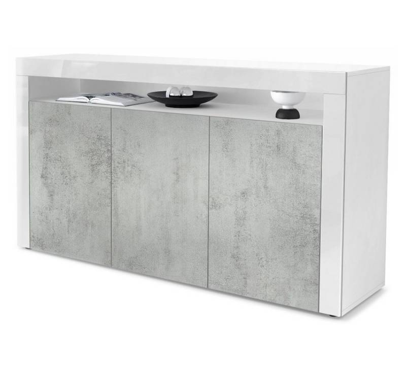 Vladon Sideboard Valencia (Sideboard, mit 3 Türen und 1 offenem Fach), Weiß matt/Beton Oxid Optik/Weiß Hochglanz (155 x 92 x 40 cm) von Vladon