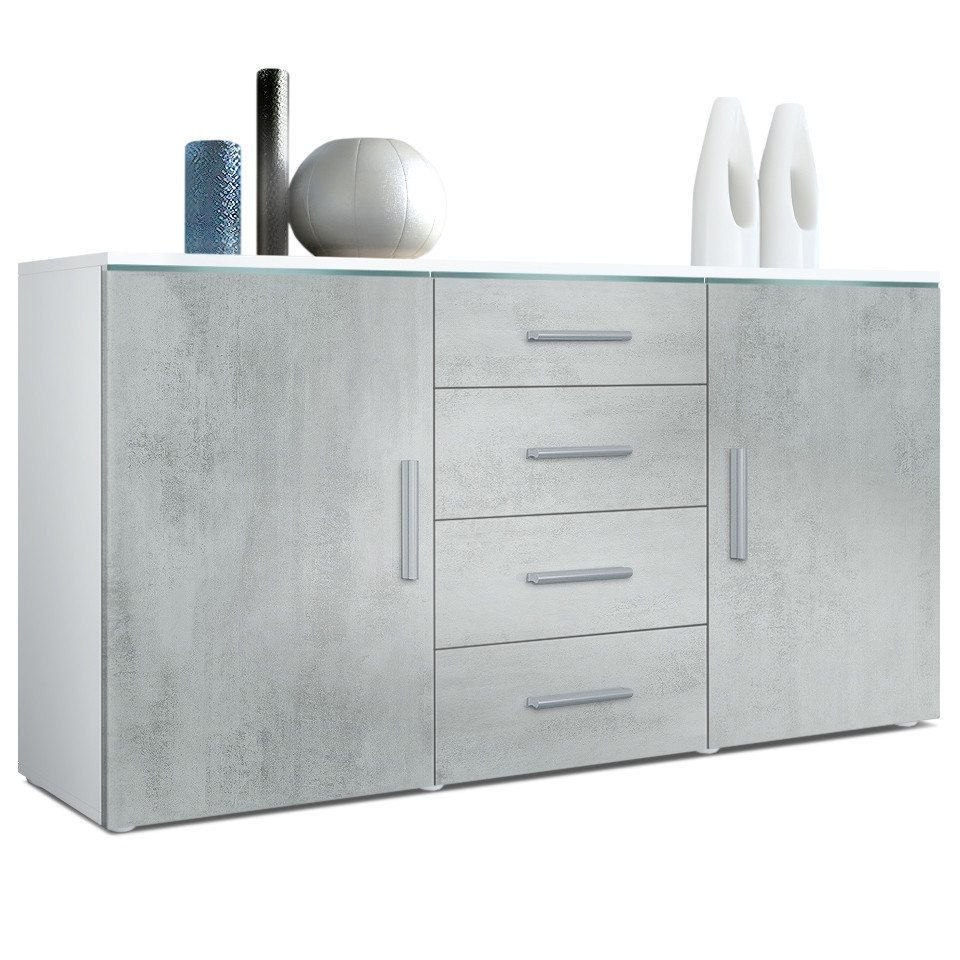 Vladon Sideboard Verona V1 (Kommode, mit 2 Türen und 4 Schubladen), Weiß matt/Beton Oxid Optik (139 x 72 x 35) von Vladon