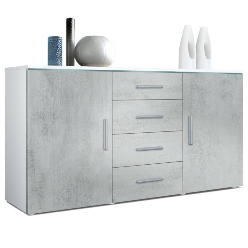 Vladon Sideboard Verona V1 (Kommode, mit 2 Türen und 4 Schubladen), Weiß matt/Beton Oxid Optik (139 x 72 x 35) von Vladon