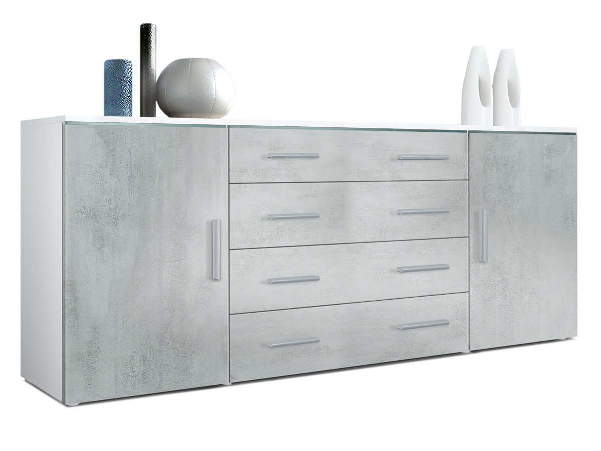 Vladon Sideboard Verona V2 (Kommode, mit 2 Türen und 4 Schubladen), Weiß matt/Beton Oxid Optik (166 x 72 x 35) von Vladon