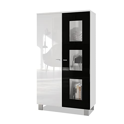 Vladon Vitrine Denjo, Made in Germany, Standvitrine mit 2 Türen und 3 Glaseinsätzen, Weiß matt/Schwarz Hochglanz (71 x 129 x 35 cm) von Vladon