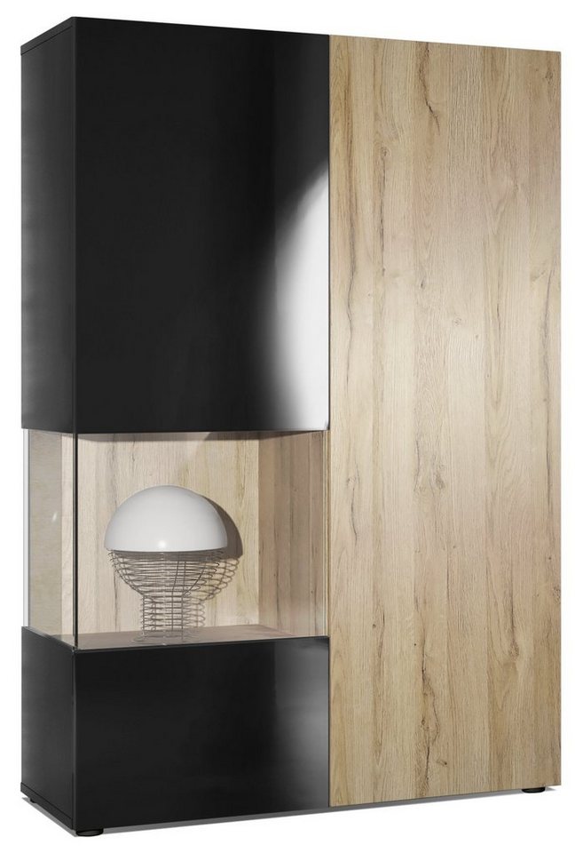 Vladon Standvitrine Morena (Standvitrine, mit 2 Türen dahinter ingesamt 7 Fächer) Schwarz matt/Schwarz Hochglanz/Eiche Natur (92 x 135 x 37 cm) von Vladon