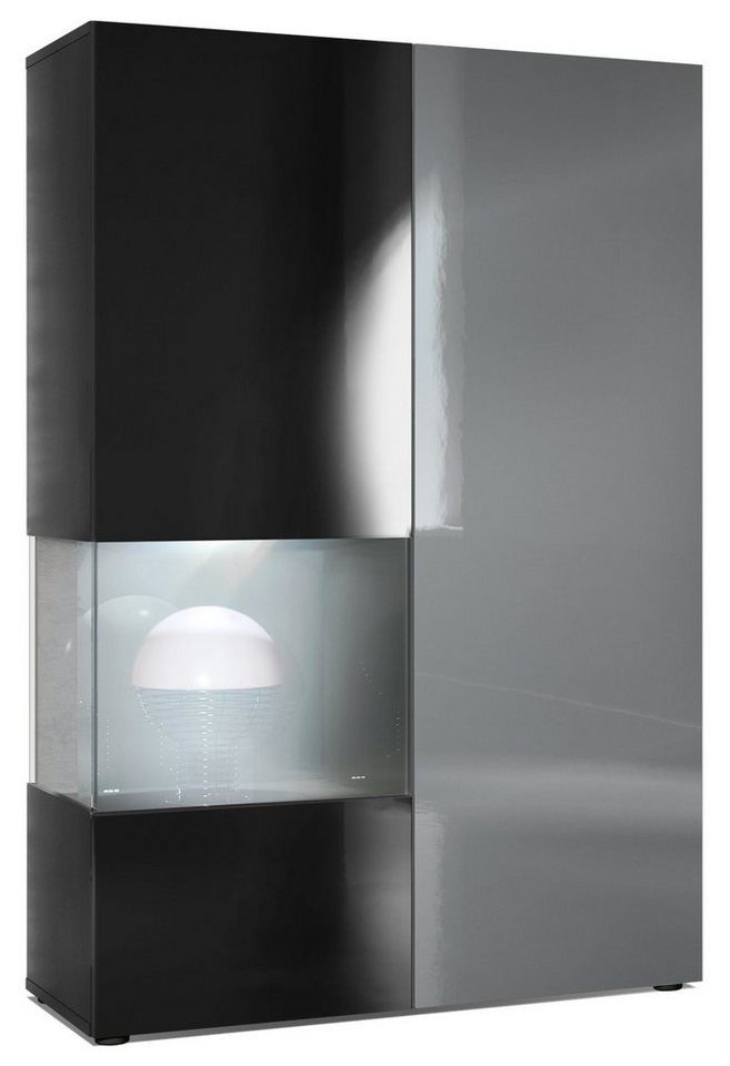 Vladon Standvitrine Morena (Standvitrine, mit 2 Türen dahinter ingesamt 7 Fächer) Schwarz matt&glänzend/Grau glänzend mit Beleuchtung (92x135x37 cm) von Vladon