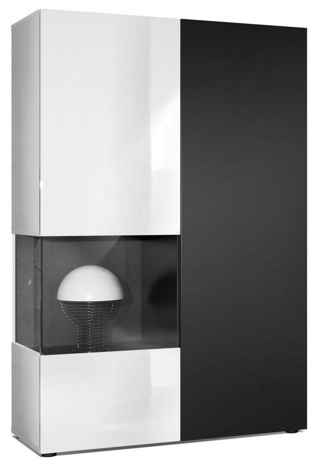 Vladon Standvitrine Morena (Standvitrine, mit 2 Türen dahinter ingesamt 7 Fächer) Weiß matt/Weiß Hochglanz/Schwarz matt (92 x 135 x 37 cm) von Vladon