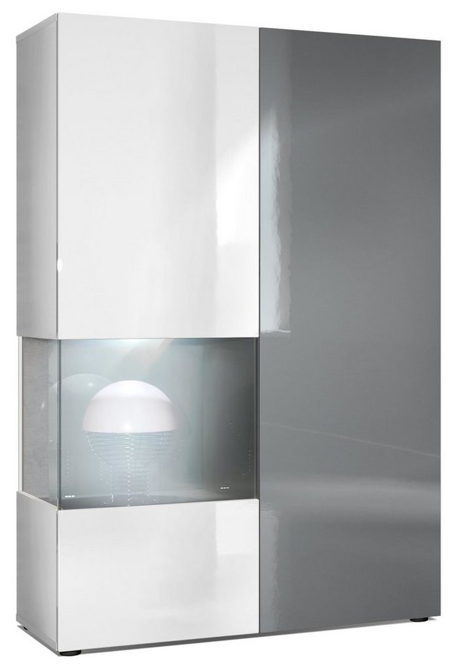 Vladon Standvitrine Morena (Standvitrine, mit 2 Türen dahinter ingesamt 7 Fächer) Weiß matt/Weiß glänzend/Grau glänzend mit Beleuchtung (92x135x37 cm) von Vladon