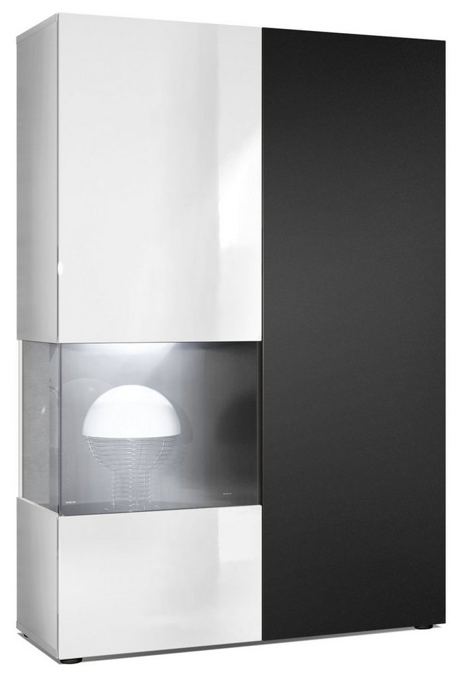 Vladon Standvitrine Morena (Standvitrine, mit 2 Türen dahinter ingesamt 7 Fächer) Weiß matt/Weiß glänzend/Schwarz matt mit Beleuchtung (92x135x37 cm) von Vladon