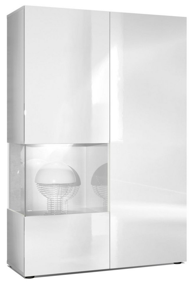 Vladon Standvitrine Morena (Standvitrine, mit 2 Türen dahinter ingesamt 7 Fächer) Weiß matt/Weiß glänzend/Weiß matt inkl. LED-Beleuchtung (92x135x37 cm) von Vladon