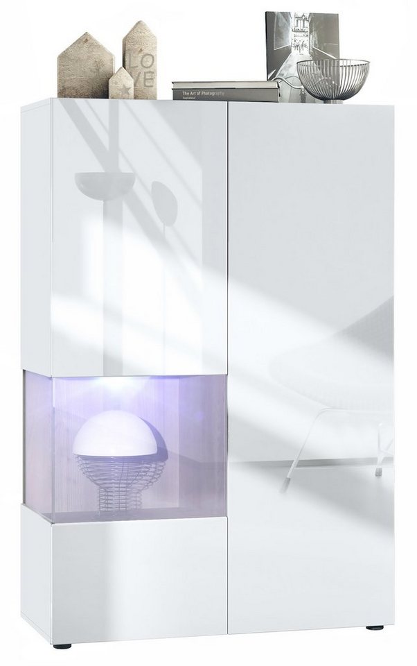 Vladon Standvitrine Morena V2 (Standvitrine, mit 2 Türen und Glaseinsatz inkl. LED-Beleuchtung) Weiß matt/Weiß Hochglanz/Eiche Nordic (91,5 x 136,5 x 37 cm) von Vladon