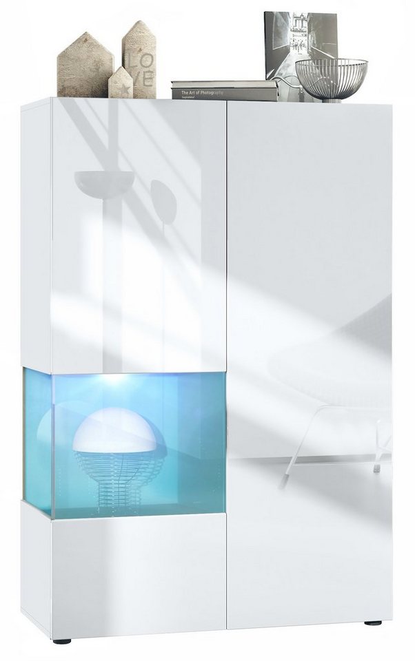 Vladon Standvitrine Morena V2 (Standvitrine, mit 2 Türen und Glaseinsatz inkl. LED-Beleuchtung) Weiß matt/Weiß Hochglanz/Petrol Hochglanz (91,5 x 136,5 x 37 cm) von Vladon