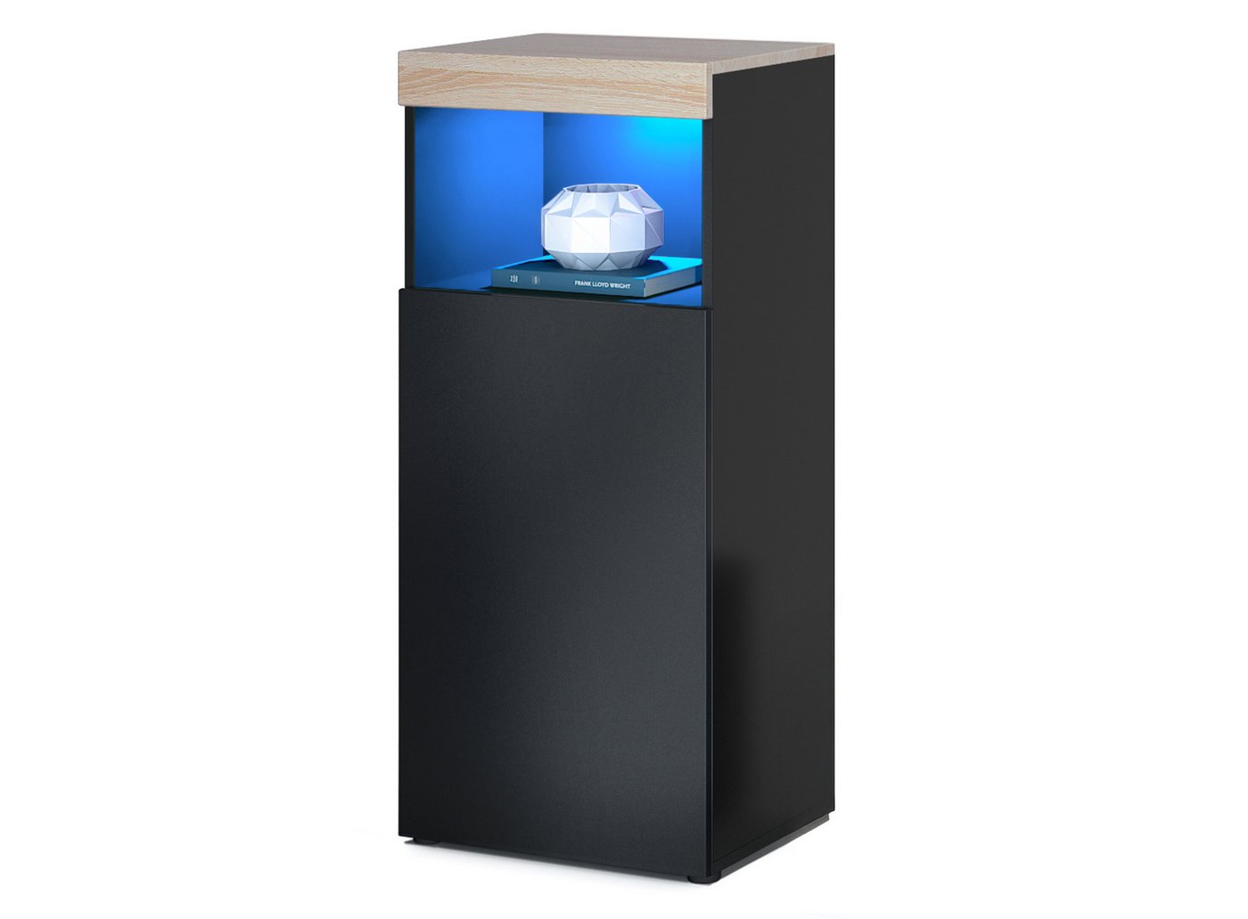 Vladon Standvitrine Pure (Vitrine, Pure in Schwarz matt Korpus, Eiche sägerau Front mit LED Beleuchtung) Farbige oberfront von Vladon