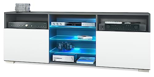 Vladon TV-Board Granada, Lowboard mit 2 Türen und 6 offenen Fächern, Korpus Anthrazit matt, Fronten in Weiß matt mit RGB LED-Beleuchtung (146 x 54 x 35 cm) von Vladon