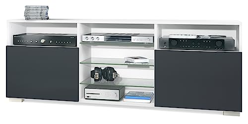 Vladon TV-Board Granada, Lowboard mit 2 Türen und 6 offenen Fächern, Korpus Weiß matt, Fronten in Schwarz matt (146 x 54 x 35 cm) von Vladon