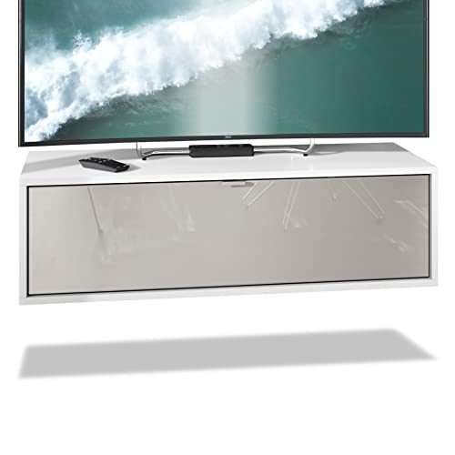 Vladon TV Board Lana 100 Hängeschrank Lowboard 100 x 29 x 37 cm, Made in Germany, Korpus in Weiß matt, Fronten in Sandgrau Hochglanz | Große Farbauswahl von Vladon